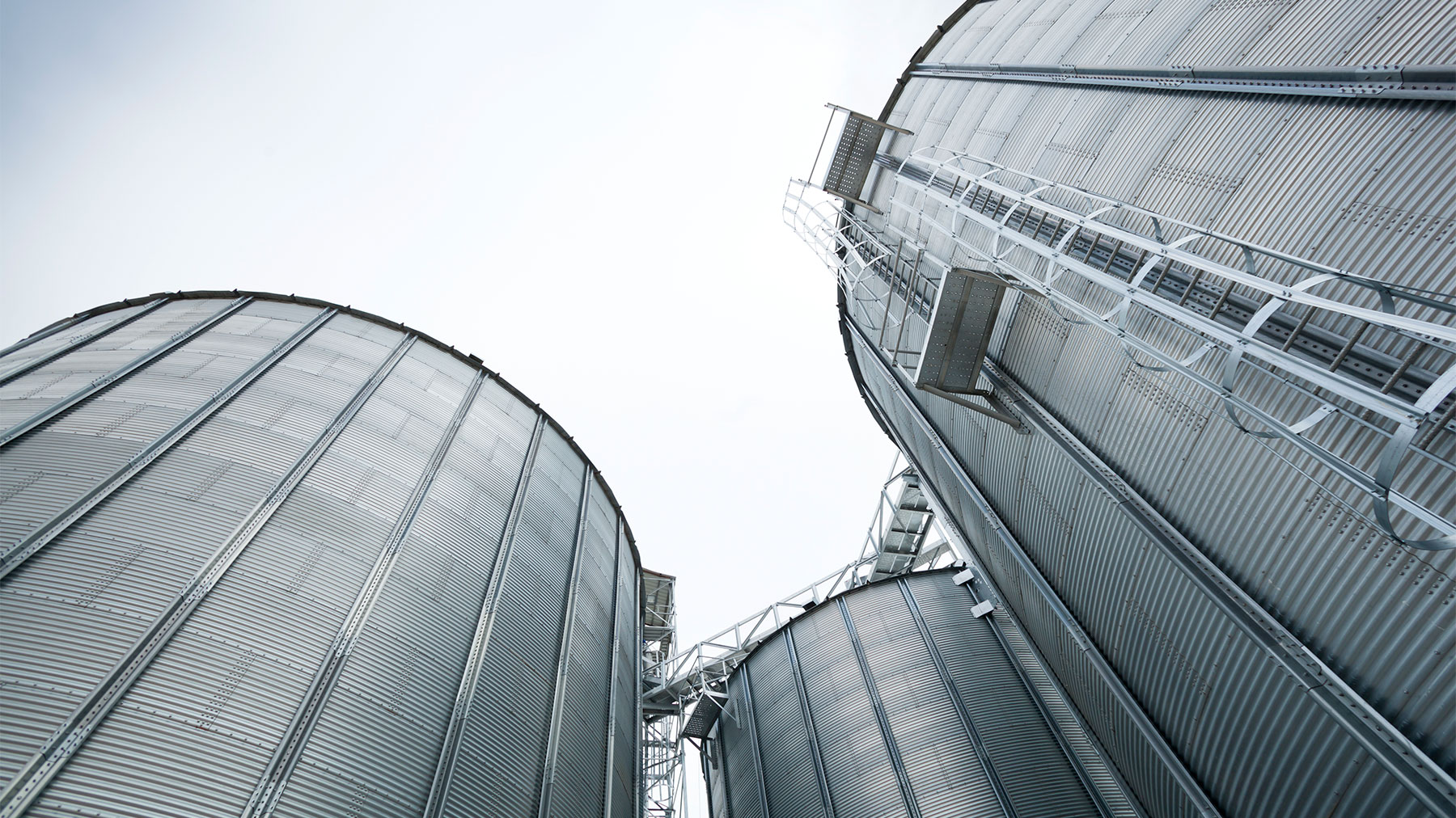 Ground level view up toward silo towers