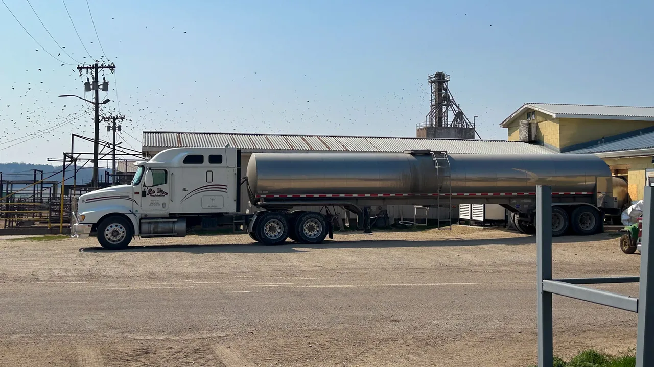 A dairy truck sits outside K-State Dairy Research Unit in Manhattan, Kan.