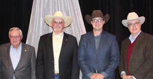 are John Atwater, Netawaka; Joe Scott, manager of Sublette Feeders; and Spencer Crowther and Brant Laue of Laue Charolais, Ha