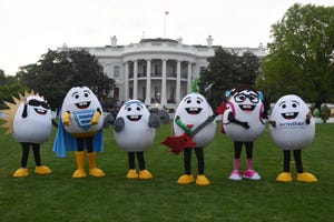 The Incredible Egg mascot, Eggy, poses on the South Lawn at the White House