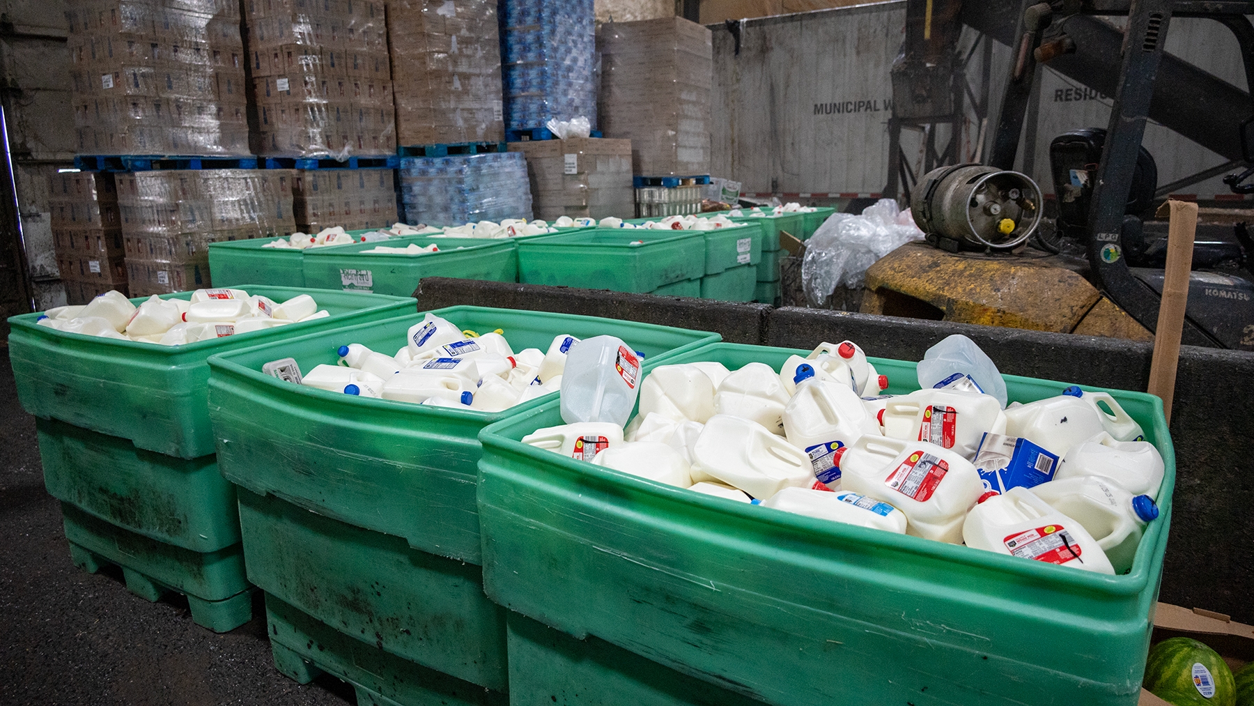 Green crates filled with gallons of milk