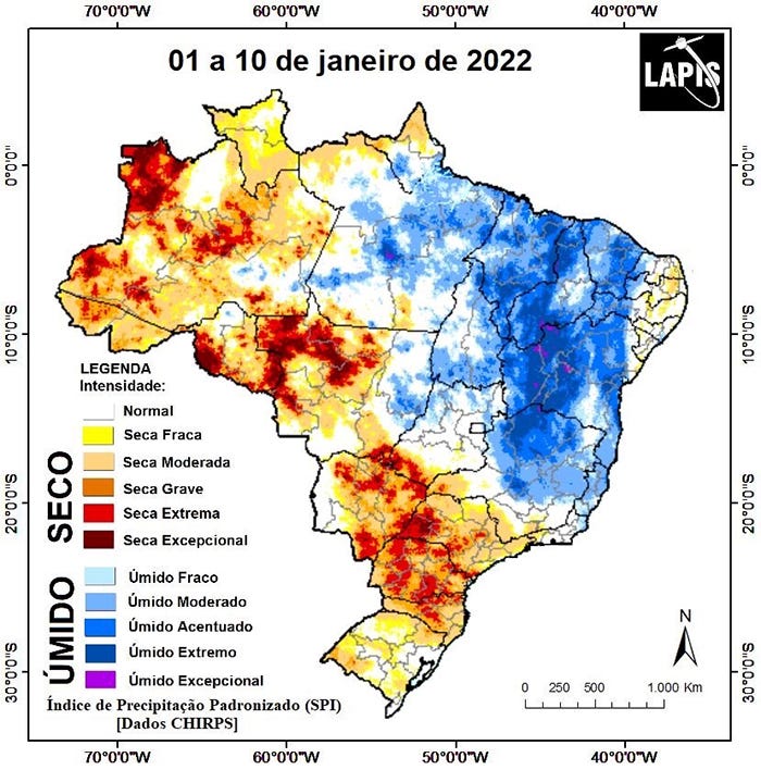 Brazil precipitation map Jan. 1-10, 2022