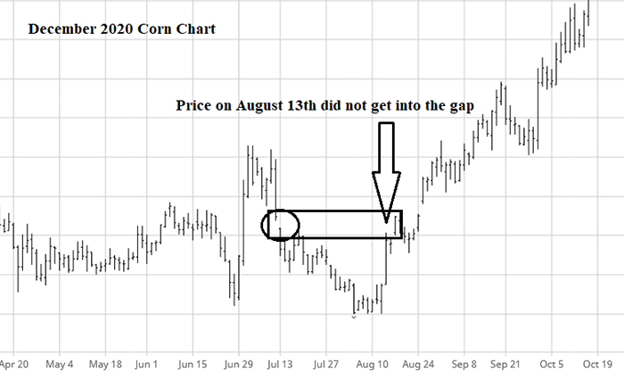 December 2020 Corn chart, price Aug. 13 did not get into the gap.