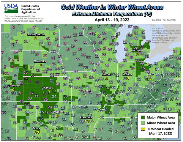 Cold weather in winter wheat areas map from USDA