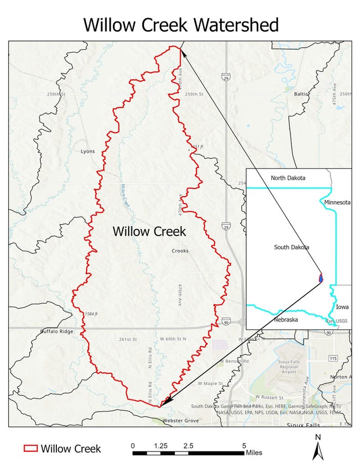 A map outlining Willow Creek Watershed in the Southeastern area of South Dakota