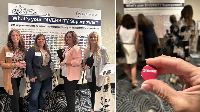 Two images: Left, four women standing in front of a display. Right, close up of hand holding a pink button pin that reads collaborator.