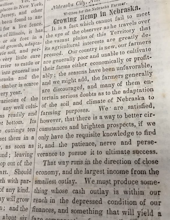 pre-Civil War article appeared in the March 1861 issue of Nebraska Farmer magazine, touting the benefits of growing a valuable industrial crop like hemp 