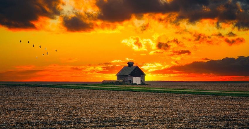 One rural barn in the middle of field landscape on the sunset and stormy sky background