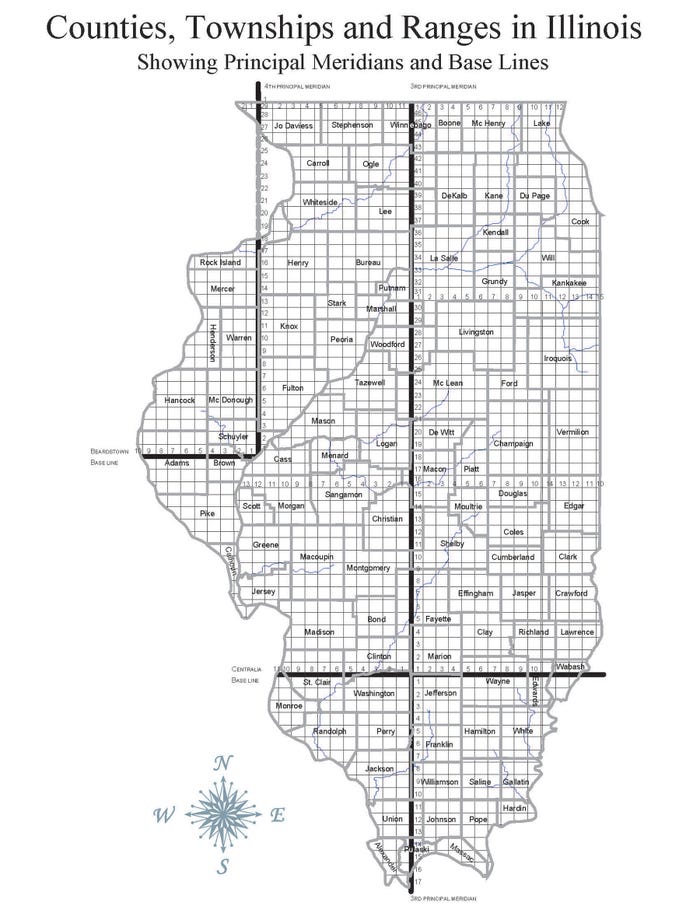 map of Illinois showing counties, townships and ranges