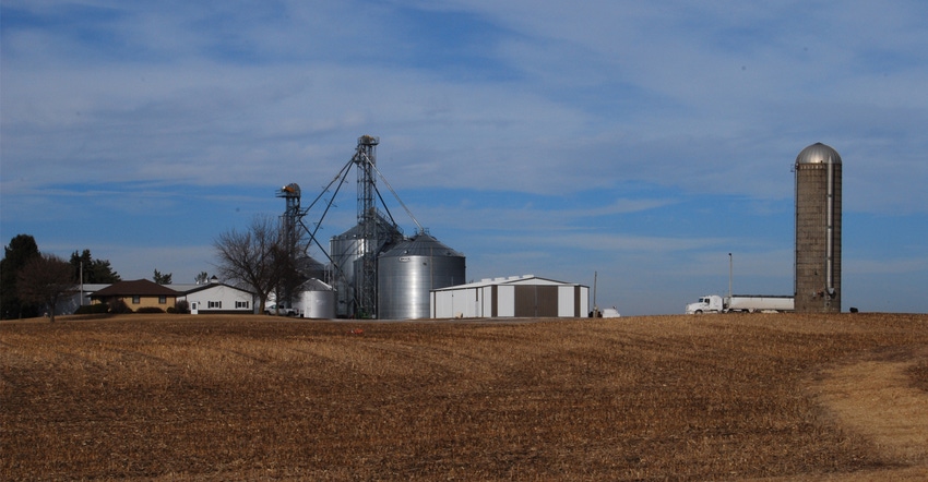 Grain bins, silo, farmhouse