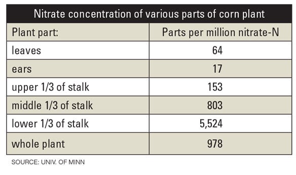 Nitrate concentration of various parts of corn plant table