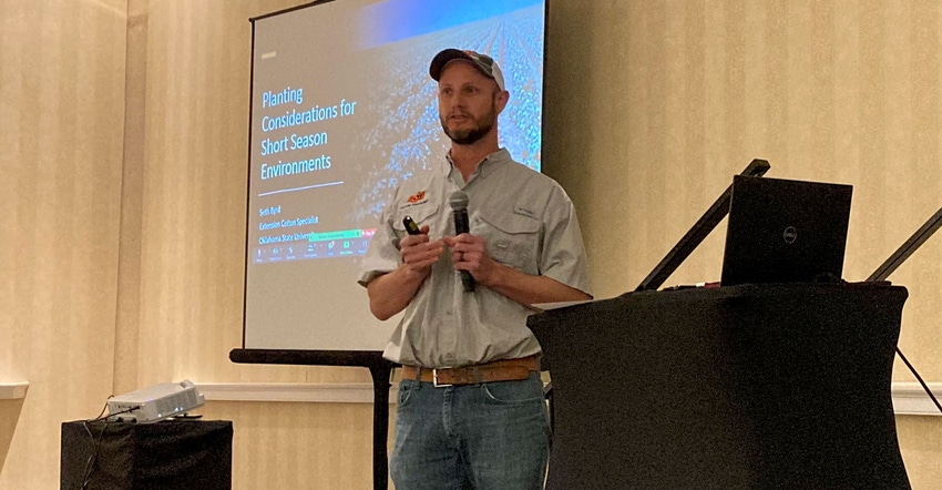 Oklahoma State University Extension Cotton Specialist Seth Byrd speaks at Great Plains Cotton Conference 