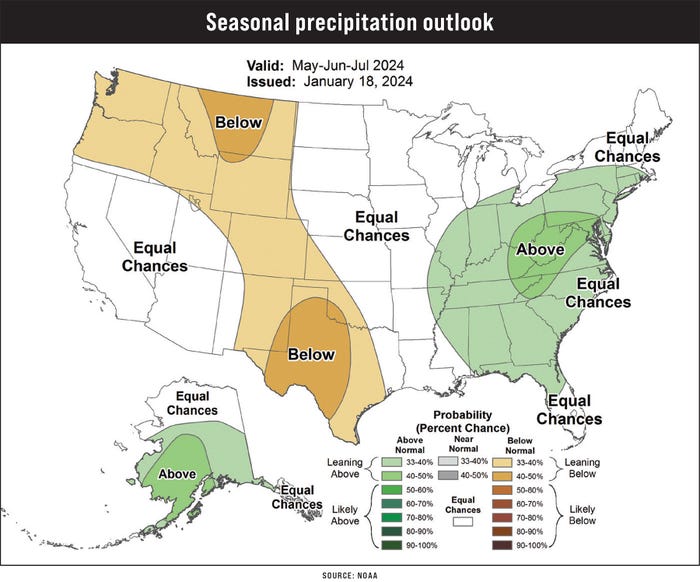 A map illustrating the seasonal precipitation outlook in the United States for May, June and July 2024