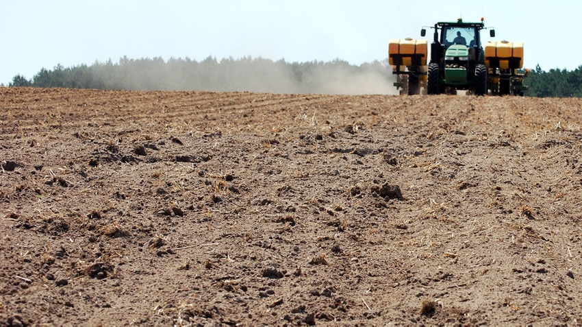 A tractor planting crop in field.