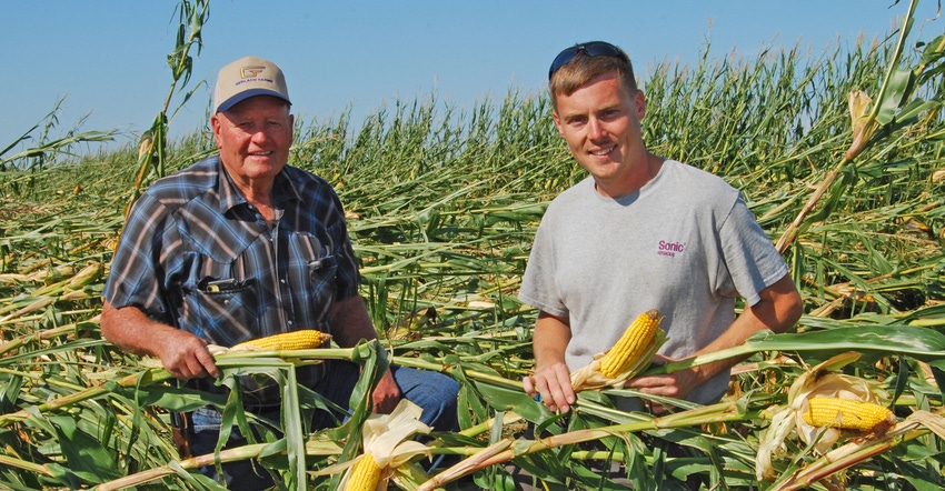Dwayne (left) and Seth Gerlach inspected a flattened field on August 21 