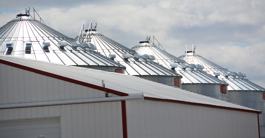 row of steel grain bins row of steel grain bins