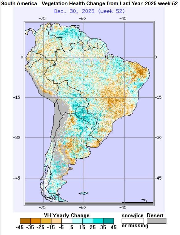 South America vegetative health change from last year
