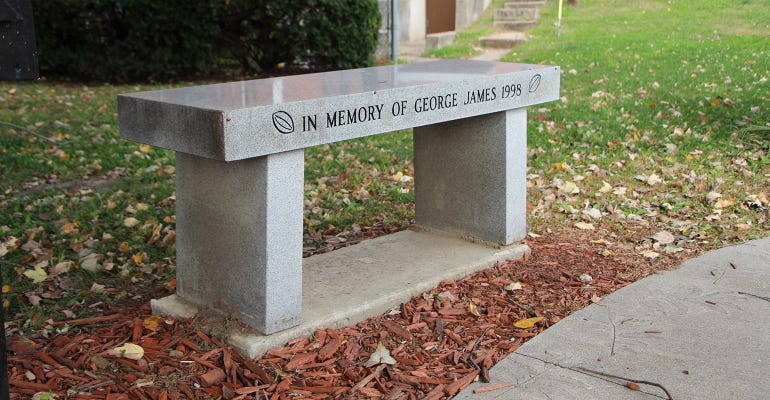 memorial bench in honor of George and Elizabeth James who ran a pecan farm for 60 years