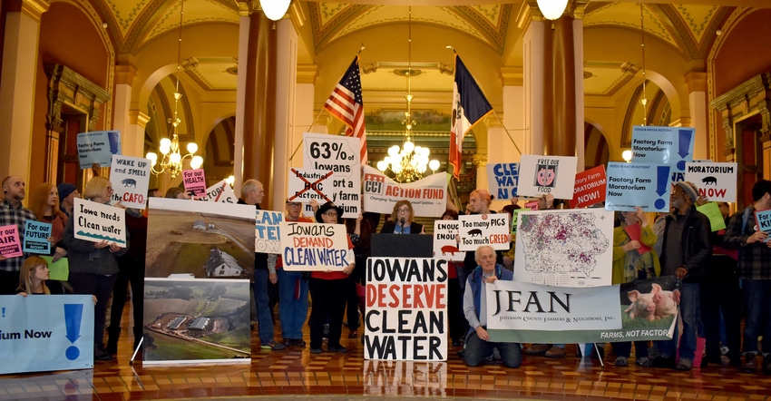  Environmental groups and animal rights activists rallying last week at the Iowa 