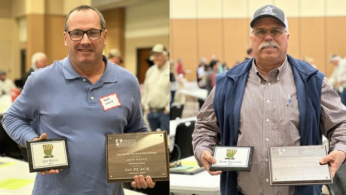 Split screen of two award winners. Each man is holding two plaques, with a room full of people in the background.