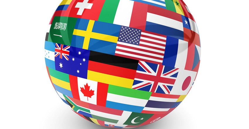 Flags of the world on a globe. 3d illustration on white background.