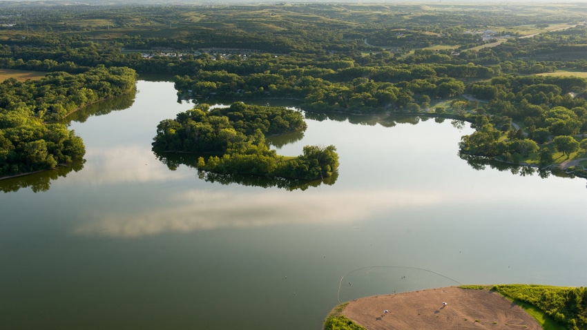 Aerial shot of large pond