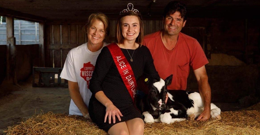 Julia Nunes with parents Mandi and Matt Nunes and Holstein calf