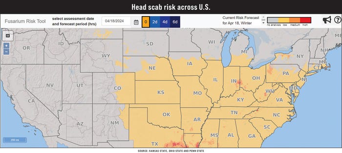 A map showing head scab risk across U.S.