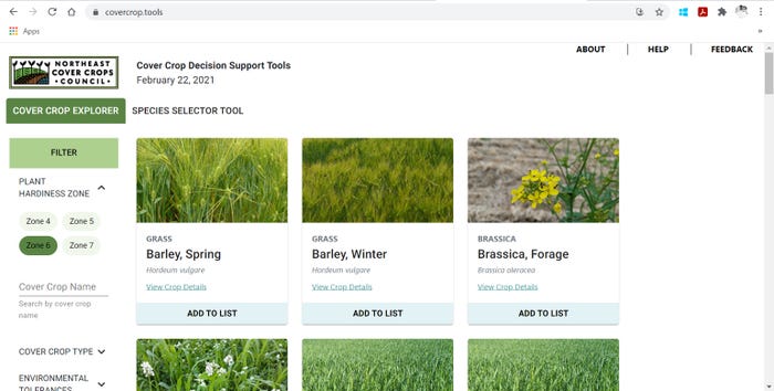 Cover Crop Decision Support Tool website