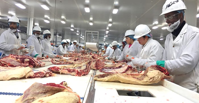 Workers at the DemKota Ranch Beef plant 