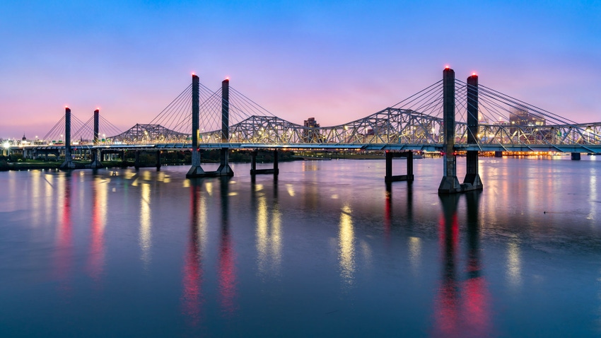  The Abraham Lincoln Bridge and the John F. Kennedy Memorial Bridge across the Ohio River between Louisville, Kentucky and Jeffersonville, Indiana