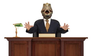 Banker at desk with T Rex head