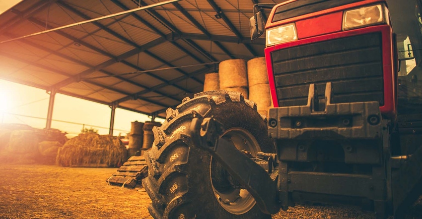 front end of tractor in hay shed