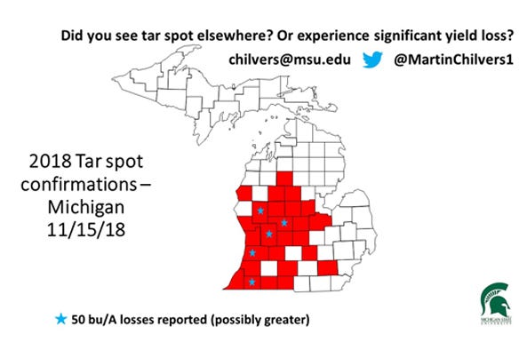 a map showing where tar spot is distributed throughout Michigan.