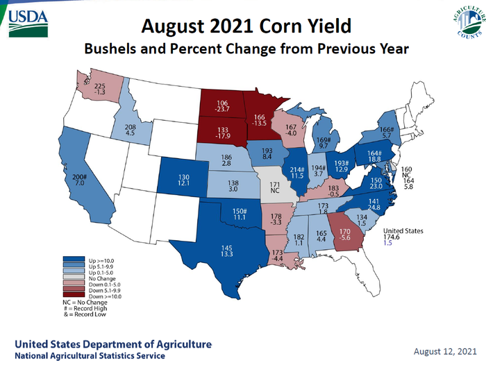August 2021 Corn Yield map by state