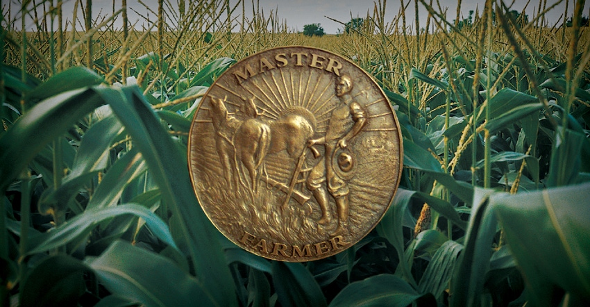 Master Farmer medallion on cornfield backdrop