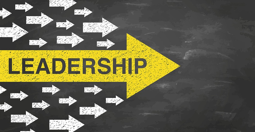 Yellow area that says leadership with several white arrows all going right