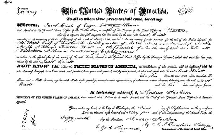 land sale document from 1834