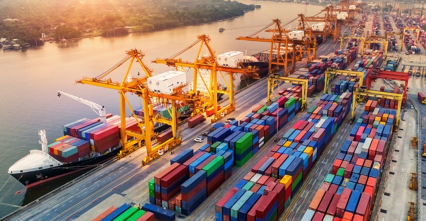 Logistics and transportation of Container Cargo ship and Cargo plane with working crane bridge in shipyard at sunrise, logist