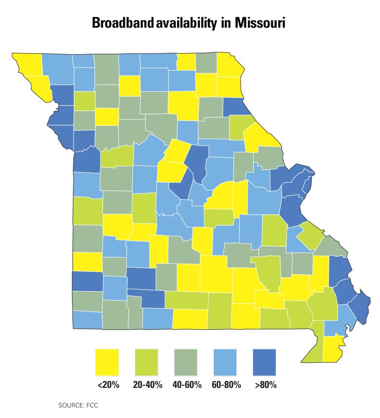 map of Missouri showing broadband availability