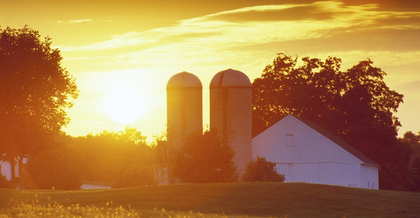 rural scene, day dawning, sunset, sunlight, silos, barn