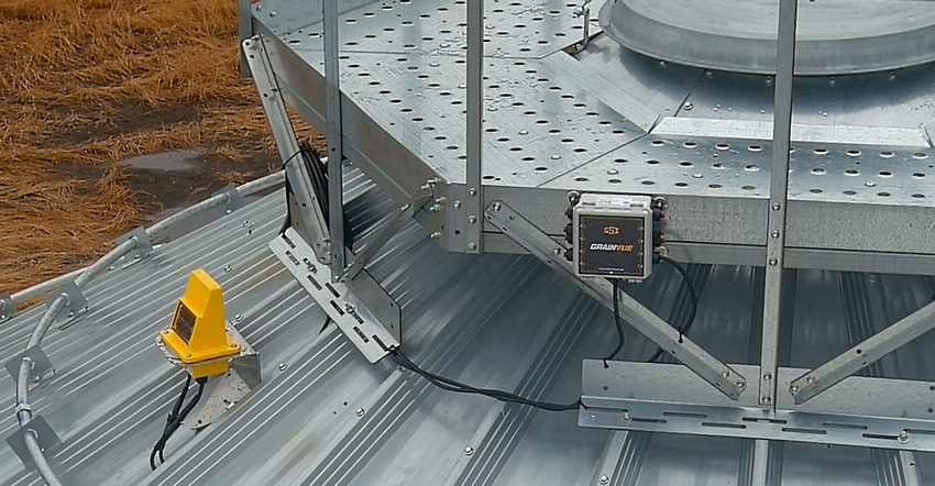 cable hub on top of a grain bin equipped with GSI’s GrainVue 