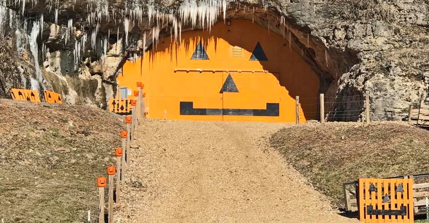 an orange jack o lantern painted on a huge door tucked into a hillside at Cave Pumpkin Patch 