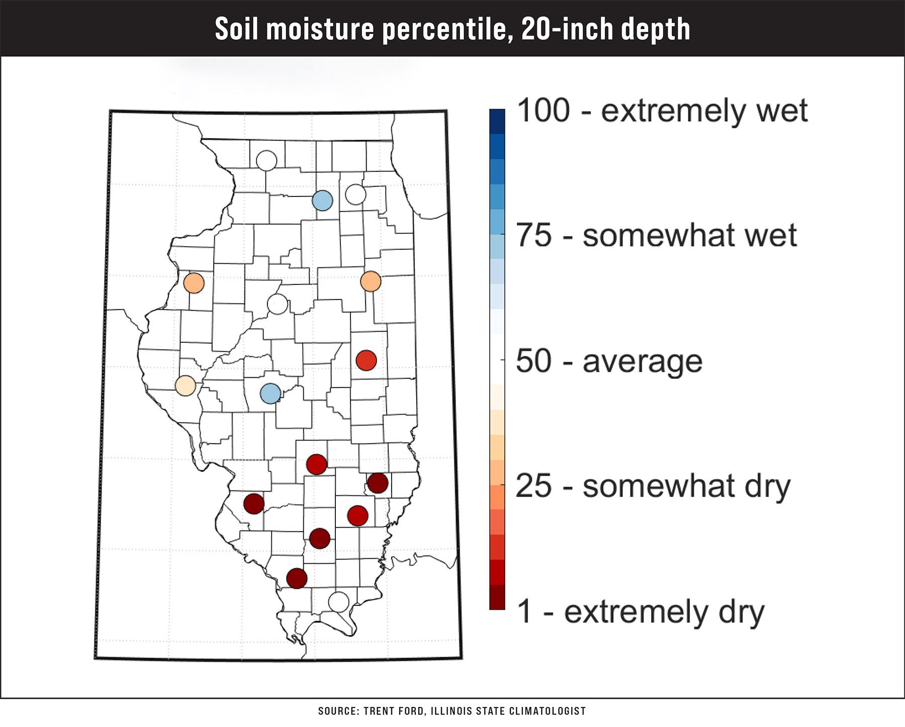 A map illustrating soil moisture percentile in Illinois