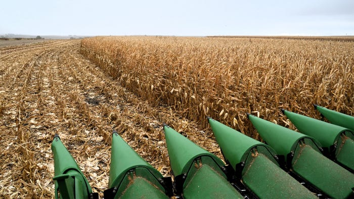 tractor with corn heads drives into cornfield