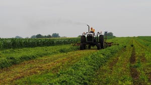 man driving tractor and rake through alfalfa windrows