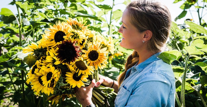 Jessie Ruml holds large bouquet of yellow flowers with large dark centers