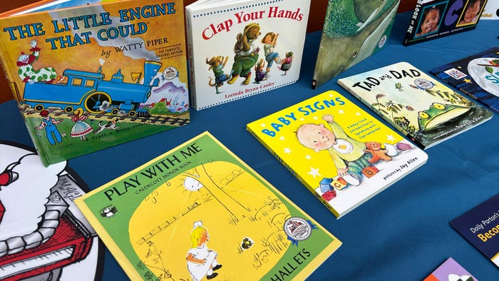 Children's books displayed on table