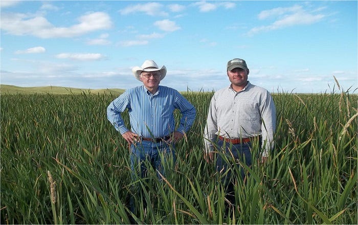 Lyle (left) and son Luke say their hay meadow acts as a filter strip for Swan Lake's watershed, but that has costs.