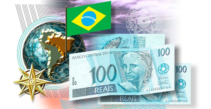 Illustration of Brazilian real, with Brazilian flag and globe showing where Brazil is located in the world.